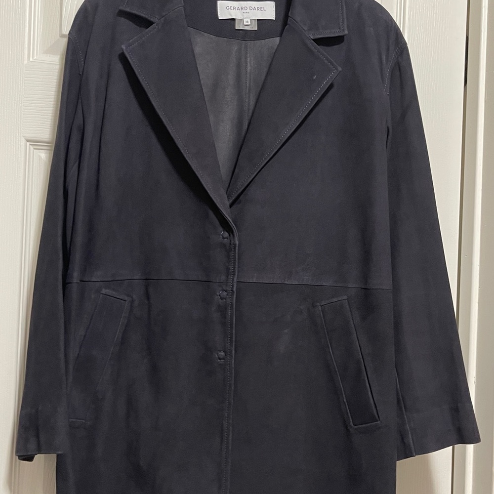 Gerard Darel Navy Gemma Suede Trench Coat with Mid-Thigh Length and Relaxed Fit - Picture 13 of 16